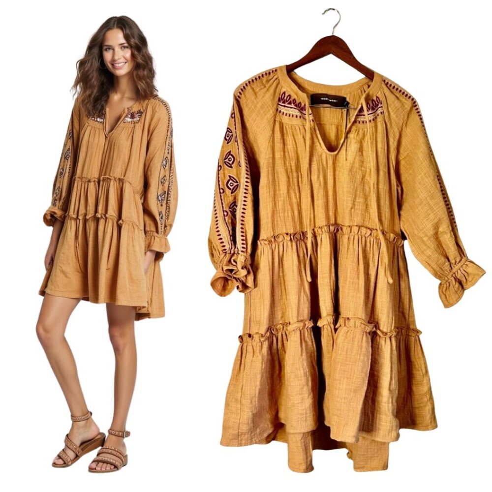 Code X Mode Boho Embroidered Gauzy Tiered Dress | Size Small